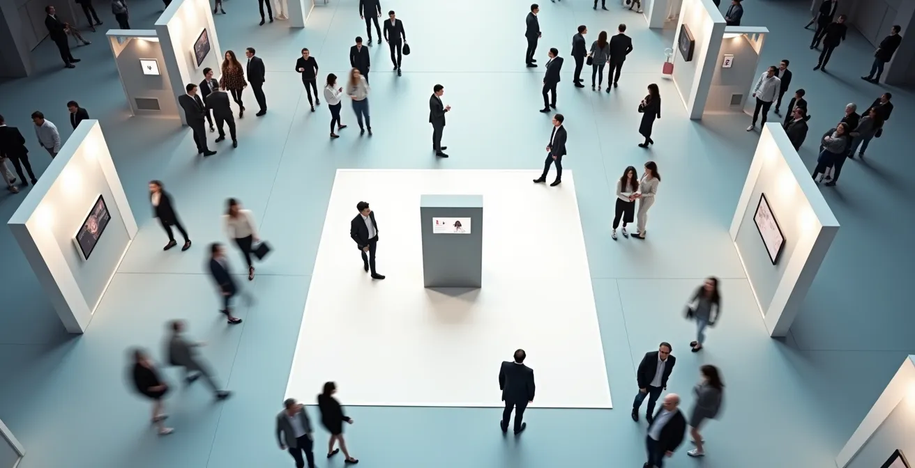Vue aérienne d'un stand avec flux de visiteurs autour d'un photobooth