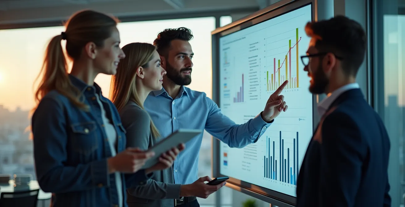 Équipe analysant les résultats sur écran avec graphiques de performance